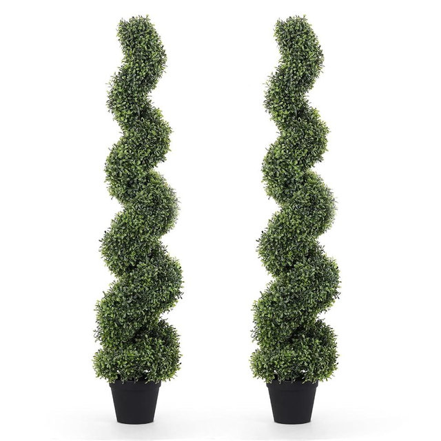THE BLOOM TIMES 4ft Spiral Topiary Trees Artificial Outdoor Set of 2, 48" Faux Boxwood Plants Outside - All-Year Green Fake Twisted Tree for Garden Front Porch Planter Decor 4 Foot
