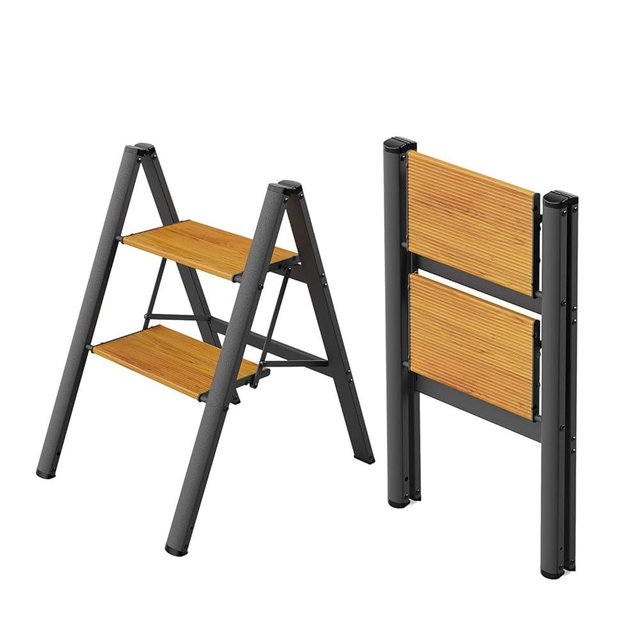 WOA WOA 2 Step Ladder, Foldable Step Stool, Aluminum Lightweight Ladder for Home Kitchen Closet, Anti-Slip Pedals, Ease of Folding, Portable, 300lbs Capacity - Black&Wood Grain