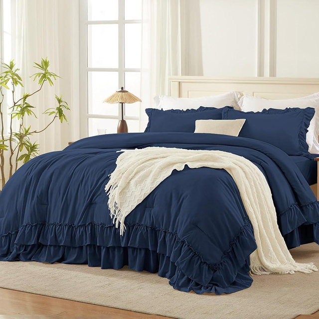 Andency Navy Blue King Comforter Set (104x90Inch), 3 Pieces Ruffle Comforter Set with 2 Pillowcases, Farmhouse Shabby Chic Lightweight Fluffy Soft Polyester All Season Bed Set