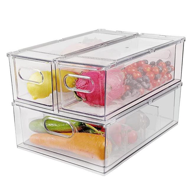 Shopwithgreen 3 Pack Stackable Refrigerator Organizer Bins with Pull-out Drawer, Drawable Clear Fridge Drawer Organizer with Handle, Plastic Kitchen Cabinet Pantry Storage Containers