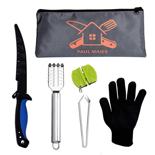 Fish Cleaning Kit6-Piece ,FishFillet Knife With Scabbard,Cut-resistantGloves,Fish Scale Remover Double-sided Sharpening Stone,Fishbone Tweezers,Storage Bag