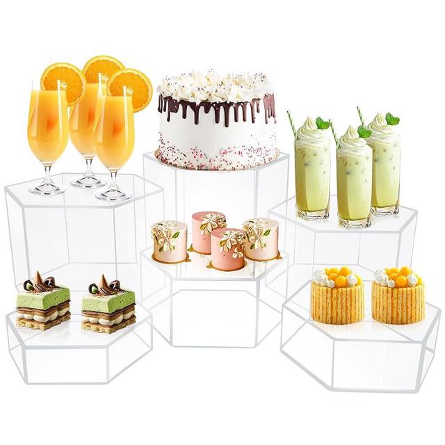 koretech 6 Pcs Buffet Risers, Dessert Stands, Acrylic Boxes for Display, Hexagonal Jewelry Showcase, Riser Display Cases Acrylic Display Base (Clear)
