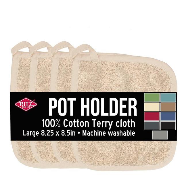 Ritz Terry Potholder & Hot Pad: Unparalleled Heat Resistant, Durable 100% Cotton – Ergonomically Designed for Optimal Grip – Easy-Care Machine Washable, Perfect for Your Kitchen – Latte, 4-Pk