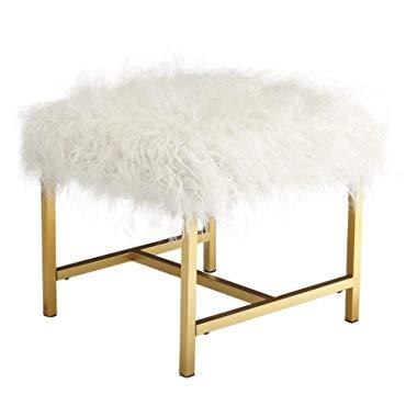 Ashley Furniture Signature Design - Elissa Accent Stool - Contemporary - White Fax Fur - Gold Metal Legs