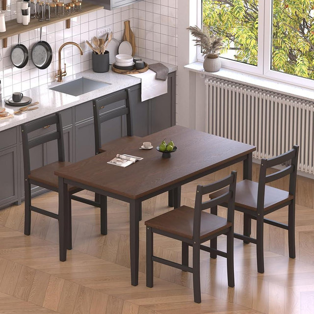 Orweiin 5 Piece Dining Table Set, Solid Wood Dining Table Set for 4, Farmhouse Table and 4 Chairs Set, 43.3'' Rectangular Kitchen Table Set for 4, Brown & Black