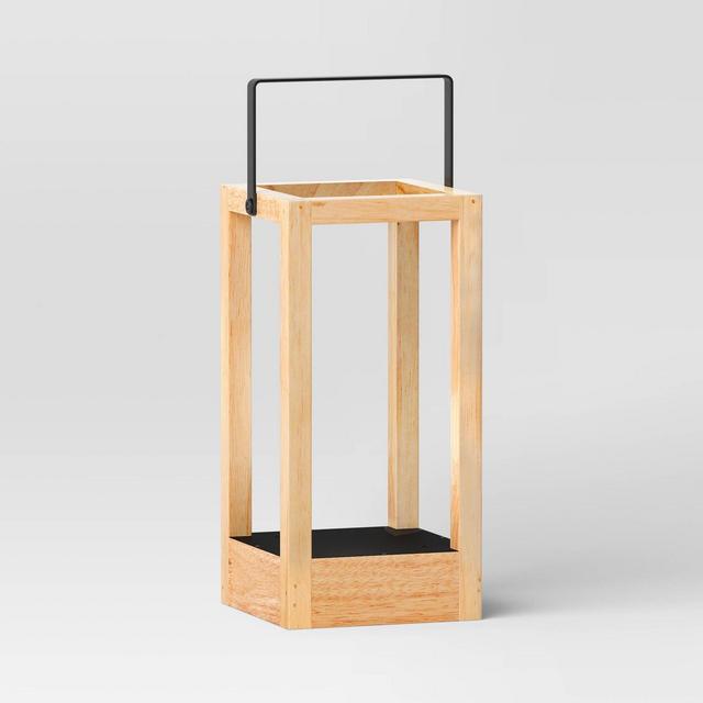 11.81"x5.94" Pillar Metal/Wood Small Lantern Candle Holder Natural Wood - Threshold™