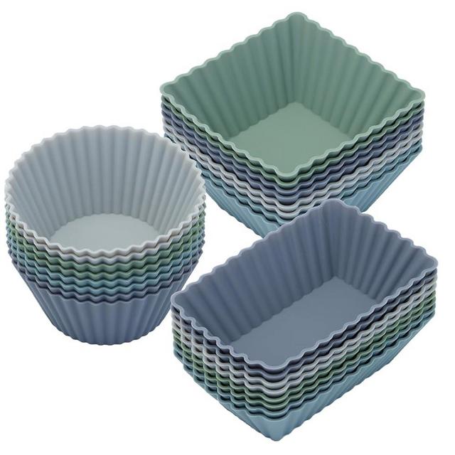 SAWNZC Silicone Cupcake Liners, 24pack Reusable Baking Cups Muffin Liners Pastry Cake Molds, 3 Shapes Lunch Box Bento Dividers-Round, Square, and Rectangular
