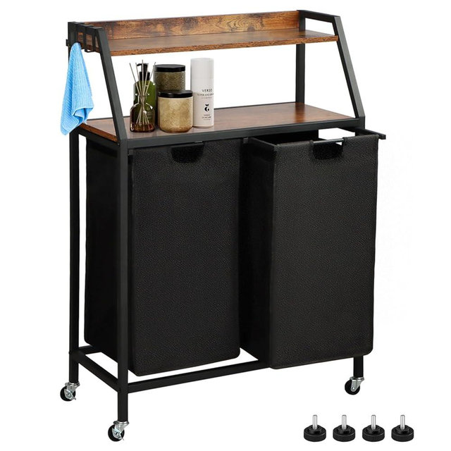 Timberer Laundry Hamper, Laundry Sorter 2 Section, Rolling Laundry Basket with Wheels, 2 Shelves, 2 × 14.3 Gal, Pull-Out and Removable Laundry Bags, for Laundry Room, Black and Rustic Brown