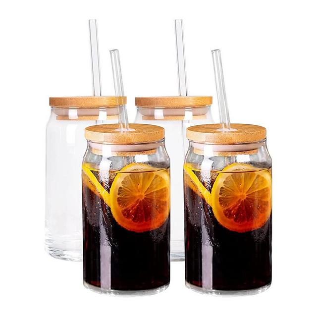 SUNNOW Vastto 16 Ounce Glass Cups with Bamboo Lids and Straws,Can Tumbler Glasses,Iced Coffee Cups for Home Dinning, Bar and Party,Set of 4