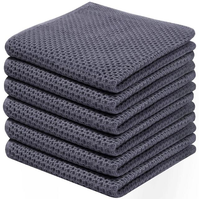 Kitinjoy 100% Cotton Kitchen Dish Cloths, 6 Pack Waffle Weave Ultra Soft Absorbent Dish Towels for Drying Dishes Quick Drying Kitchen Towels Dish Rags, 12 X 12Inch, Dark Grey