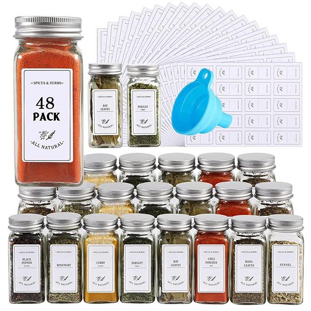 CASATO 48 Pcs Glass Spice Jars with 400 Spice Labels, 4oz Empty Square Spice Containers with Shaker Lids, Airtight Metal Caps, and Funnel Included (4oz-48Pcs)