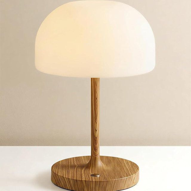 VoMii Mushroom Lamp, 9” Cordless Table Lamp Waterproof Shower Lamps with 4000mAh Battery Rechargeable & 3 Color Temperatures, Dimmable LED Night Light for Bathroom, Bedroom & Home Decor - Wood Grain