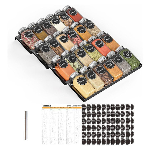 SpaceAid® Spice Drawer Organizer with 24 Glass Spice Jars, 386 Labels, for Kitchen Drawers,Black