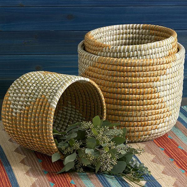 Set of Three Nesting Hand Woven Kaisa Grass Baskets with Geometric Patterns from Bangladesh