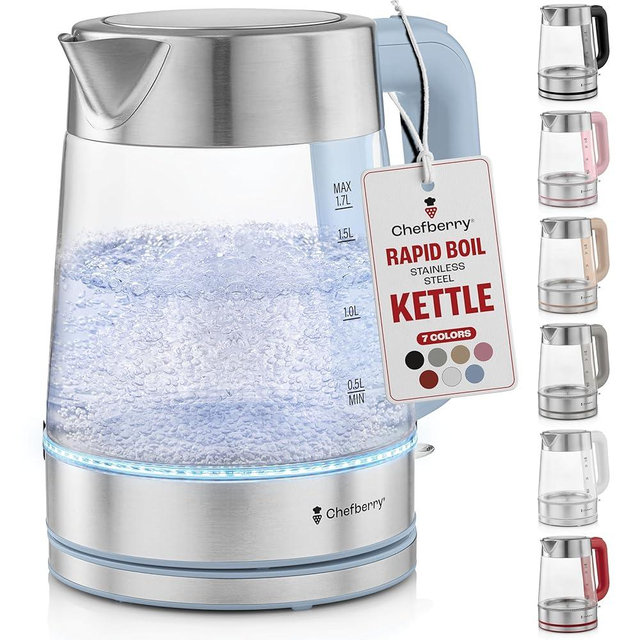 Electric Kettle for Boiling Hot Tea & Water | 1.7L Stainless Steel Borosilicate Glass Boiler With No Plastic, Automatic Shutoff, BPA Free, Fast Heating Technology (Blue)