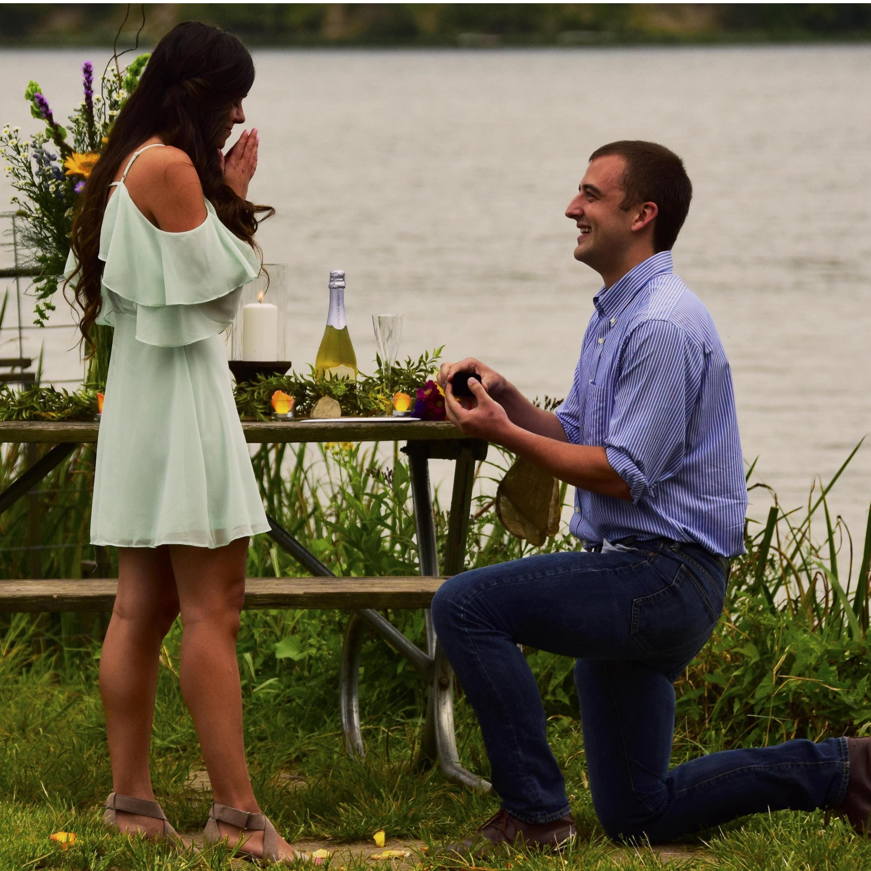 Ben proposed at the same spot where we had our first date in college. He lined the walkway with flower petals and had champagne and our families waiting. It was perfect.