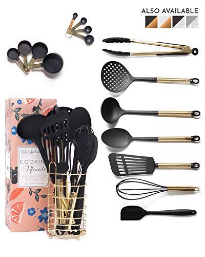 Black and Gold Cooking Utensils with Stainless Steel Gold Utensil Holder - 16-Piece Set Includes Black and Gold Measuring Spoons, Black and Gold Measuring Cups