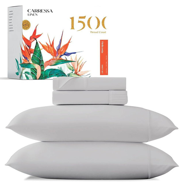 Carressa Linen 100% Egyptian Cotton King Size Sheets Set - Luxury 1500 Thread Count Egyptian Cotton Sheets King Size (4 PC, Light Grey), 17" Deep Pocket, Silky Soft, Cooling Sateen Hotel Bedding