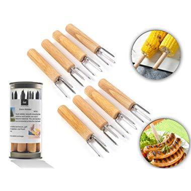 Irisvito Corn Holder Stainless Steel with Oak Handle Corn on The Cob Skewers for Kids and Adults Home Cooking and BBQ, Set of 8 (4 Inch Long Corn Holder)