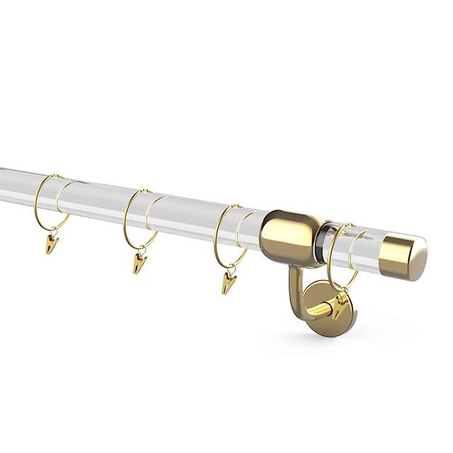8FT acrylic curtain rod set for 96"windows, 1 1/2" diameter clear acrylic curtain rod with twenty curtain rings. Three gold yellow wall mounted brackets. Modern & clear look.