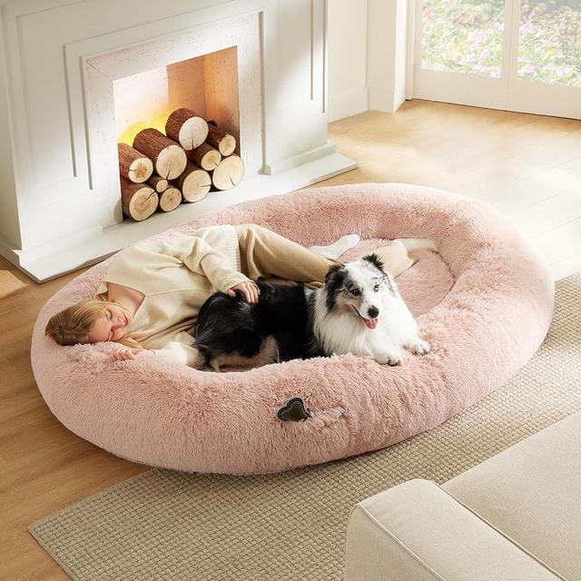 Bedsure Human Dog Bed for People Adults, Calming Human Size Giant Dog Bed Fits Pet Families with Memory Foam Supportive Mat and Storage Pocket, Fluffy Faux Fur Orthopedic Dog BeanBed, Pink