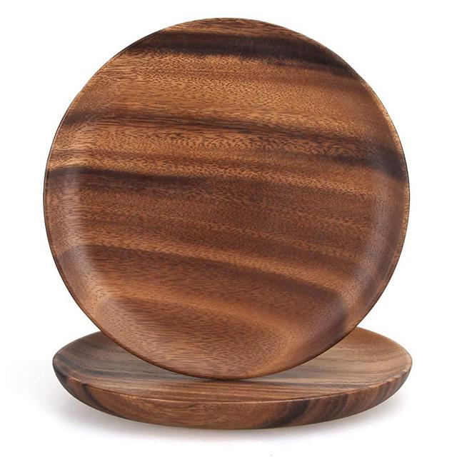 12 Inch Best Acacia Wooden Dinner Plates Set of 2, Round Wood Serving Tray Wooden Sandwich Fruit Platter for Food Vegetable Salad Plate Tray