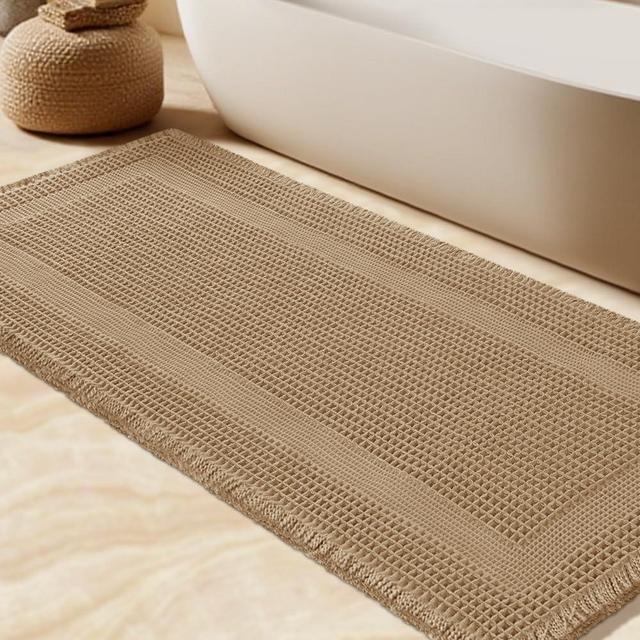 Extra Large Waffle Bath Mat, Boho Woven Modern Bath Rug Absorbent Non Slip, Soft Bathroom Mats, Machine Washable Knit Bath Rugs with Tassels for Bathroom, Bedroom, Kitchen, Shower, Tub, Beige, 6'x2'
