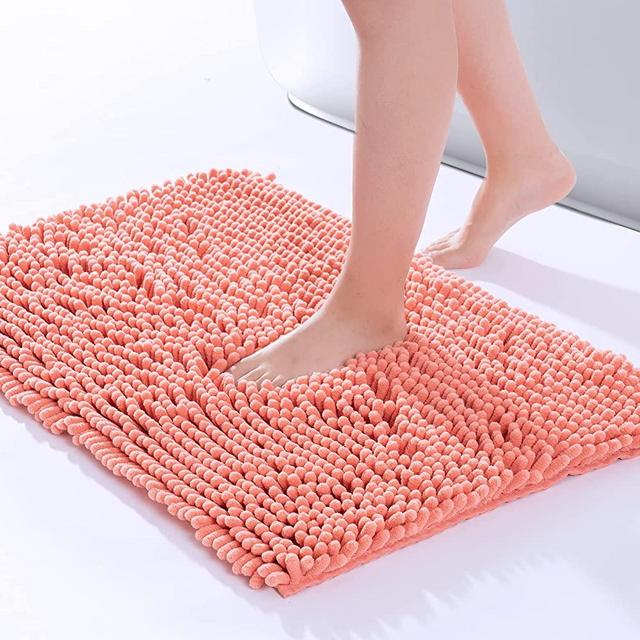 FRESHMINT Chenille Bath Rugs Extra Soft and Absorbent Microfiber Shag Rug, Non-Slip Runner Carpet for Tub Bathroom Shower Mat, Machine-Washable Durable Thick Area Rugs (20" x 32", Coral)