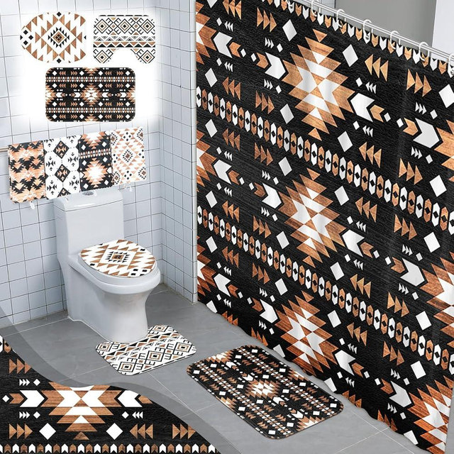 FuWeave 8 Pcs Western Aztec Shower Curtain Set Geometric Vintage Bathroom Decor Boho Abstract Pattern Waterproof Shower Curtain Aztec Towels Non Slip Rug Toilet Lid Cover Bath Mat with 12 Hooks