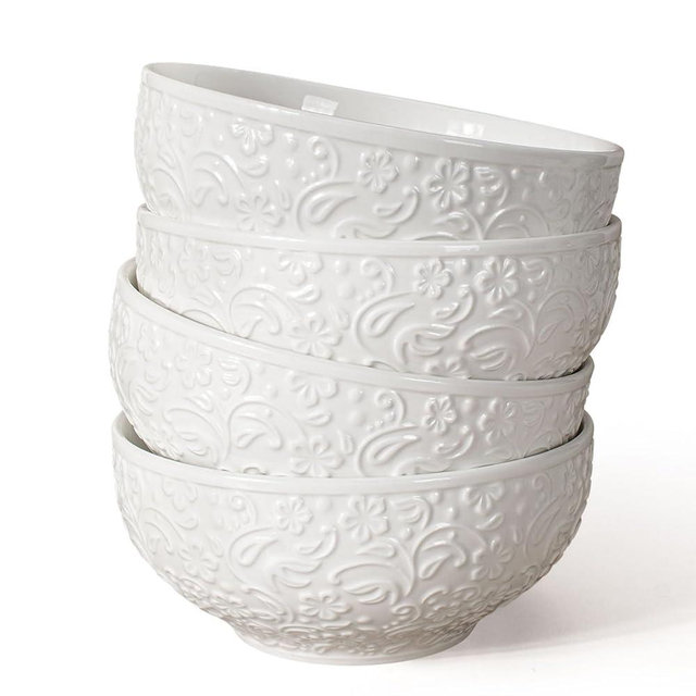 Artena Ceramic Cereal Bowls 26 oz, Embossment Soup Bowls Set of 4, White Salad Bowls for Kitchen, 6 inch Dinner Bowls for Breakfast, Oatmeal, Rice, Pasta, Dishwasher Microwave Safe Bowls (Floral)
