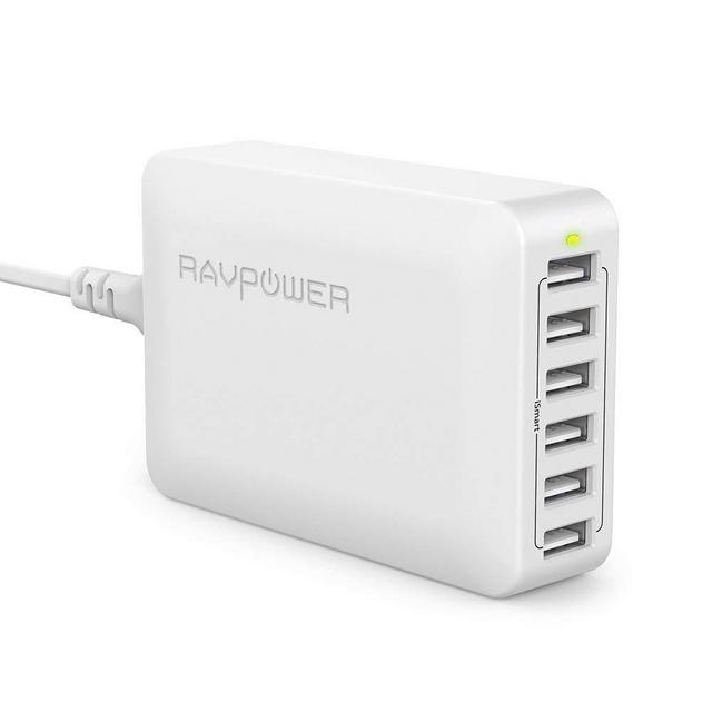 USB Charger RAVPower 60W 12A 6-Port Desktop USB Charging Station with iSmart Multiple Port, Compatible iPhone 12 Mini SE 11 Pro Max XS XR X iPad Pro Air Mini Galaxy S10 Note 10 Tablet(White)