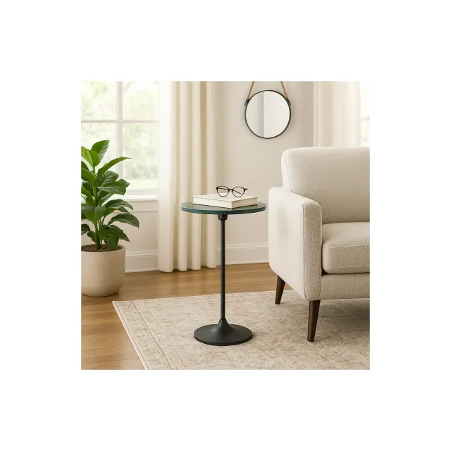 Elegant End Table, Side Table, or Night Stand for Room Decor - Slim Metal Drink Table with Marble Top and Trumpet Base for Bedroom or Living Room