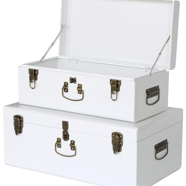 Vixdonos Decorative Metal Box Storage Trunks Set of 2 College Dorm Chest with Handle (White with Bronze Latches)