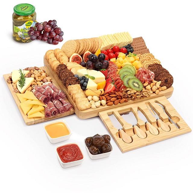 Charcuterie Boards - FamRica Bamboo Cheese Board and Knife Set 14 x 13 Inch with 2 Slide-Out Drawers and 3 Ceramic Bowls Great for Wedding, Housewarming, Anniversary
