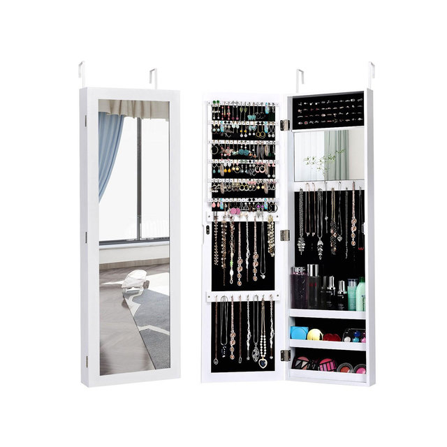 Costway Wall Door Mounted Mirrored Jewelry Cabinet Storage Organizer White