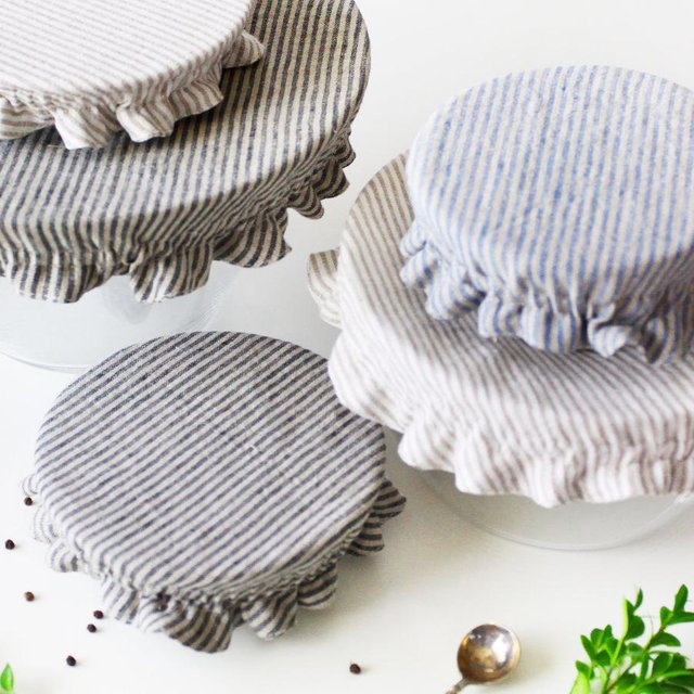 Striped Linen Bowl Dish Cover - Zero Waste Kitchen Storage - Washable Natural Fabric Jar Kombucha Dough Rising Cover - Reversible 2 Layers - WHITE/BLUE STRIPES
