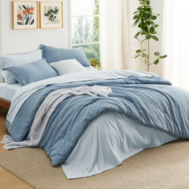 Queen Comforter Set - 7 Pieces Grayish Blue Queen Bedding Set for All Seasons, Boho Contrasting Design Bed in a Bag with Comforter, Sheets, Pillowcase
