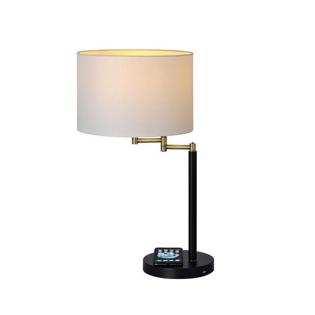 Adesso® Swing Arm Qi Wireless Charging Table Lamp in Brass/Black with Drum Shade