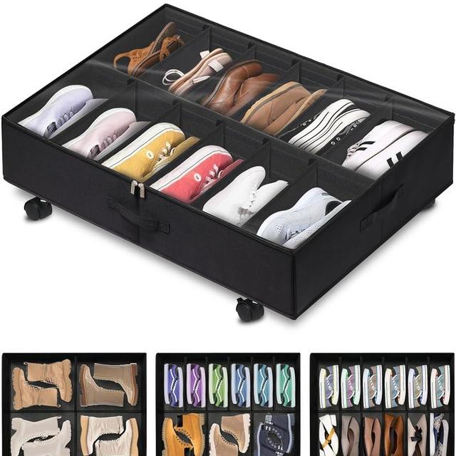 punemi Under Bed Shoe Storage Organizer With Wheel & Adjustable Dividers, Underbed Shoes Boot Closet Storage Solution Containers - Side & Bottom Support & 3 Handles, Up To 12 Shoes, 29.5"X23.6"X7.9"