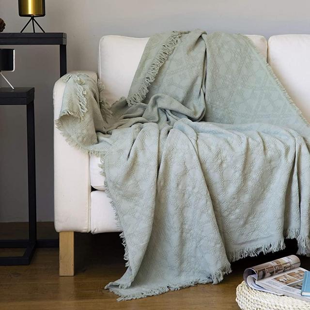 Sofila 100% Cotton Rustic Throw Blanket with Fringe Farmhouse Soft Warm for Sofa Bed Couch Decorative, 50 x 65 Inches,Sage Green