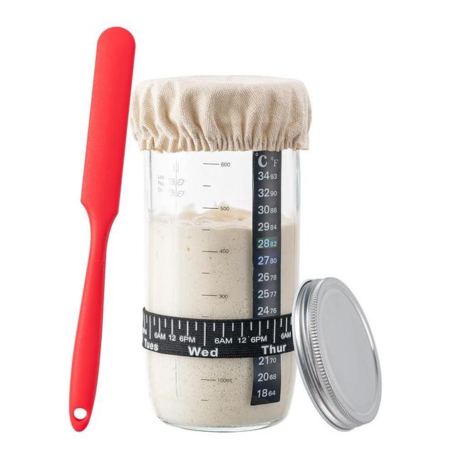 BOOMIBOO Sourdough Starter Jar, 24oz Sourdough Bread Baking Supplies Fermentation Kit, Glass Jars Bread Making Accessories with Date Marked Feeding Band, Thermometer, Cloth Cover & Metal Lid