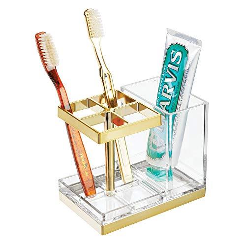 mDesign Decorative Plastic Bathroom Toothbrush and Toothpaste Stand Holder - Dental Organizer with 5 Storage Compartments for Bathroom Vanity Countertops and Medicine Cabinet - Clear/Soft Brass