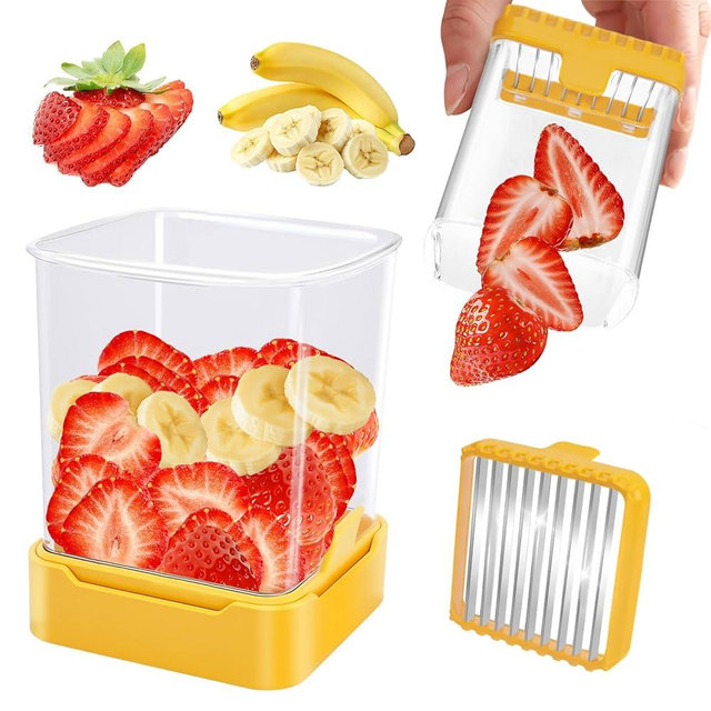 GENGCANG Fruit Slicer Cup for Strawberry, Banana, Hard-Boiled Egg - Detachable Cutter with Push Plate - Rapid & Safe Slicing Kitchen Gadget for Quick Meal Prep (Yellow)