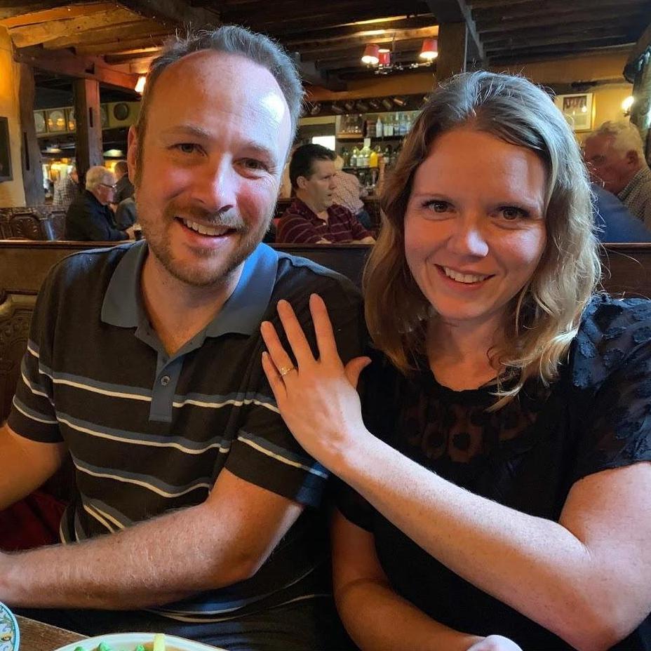 We got engaged in front of the church where Chris's grandparents were married, in Guildford, England. 9-26-2019.