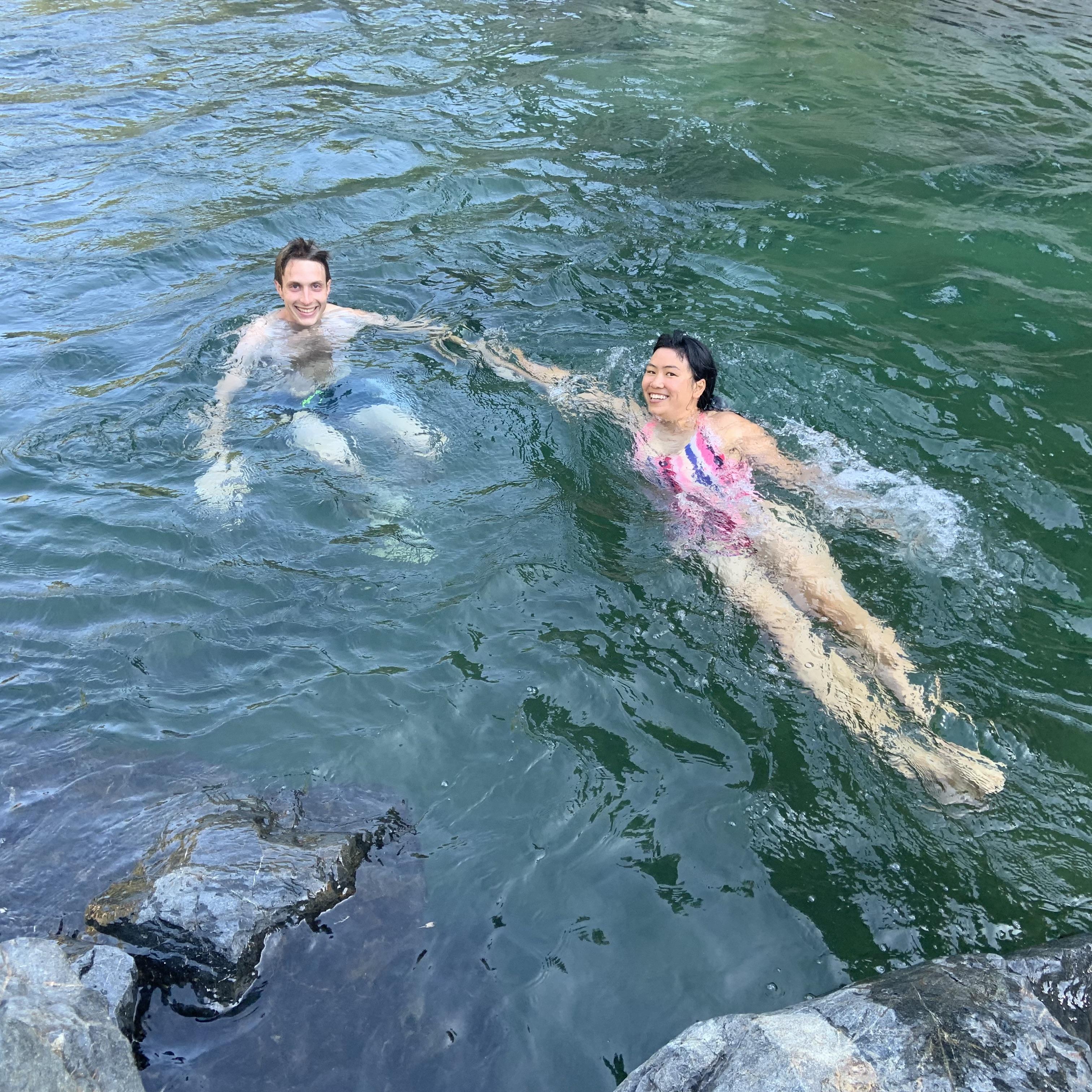 We love swimming in natural bodies of water! Swimming in the Yuba River during a trip with Alex's sister Rebecca in Summer 2019.