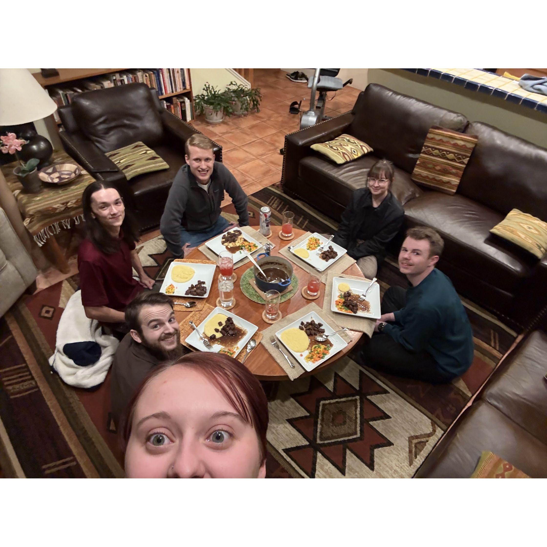 A lovely dinner party—Sasha outdid himself hosting and cooking! Delicious food and even better company. 🥂🍴❤️