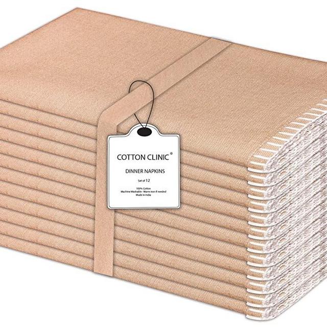 Cotton Clinic Cloth Napkins with White Trim – Perfect Everyday Use Table Linen – Soft Durable Washable – Ideal for Dinner Party Wedding Farmhouse Christmas Easter – Set of 12 (20x20 in/Beige)