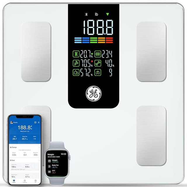 GE Smart Scale for Body Weight, BMI, Fat, Muscle Mass, Digital Bathroom Scales 500lbs Bluetooth 11.8" Large Platform Weighing Machine Health Monitor with App, White