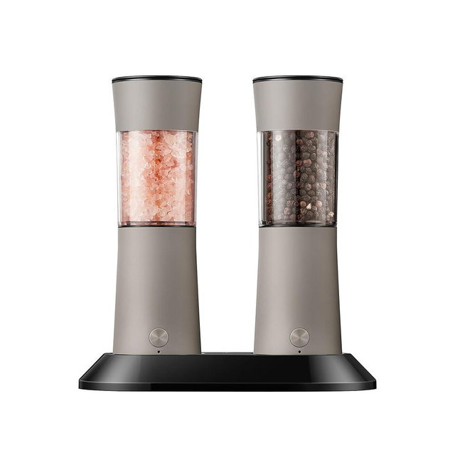 Electric Salt and Pepper Grinder Set with USB-C Charging Base,Rechargeable Automatic Stainless Steel Pepper Mill Grinder with LED Light, 2pack(Brown)
