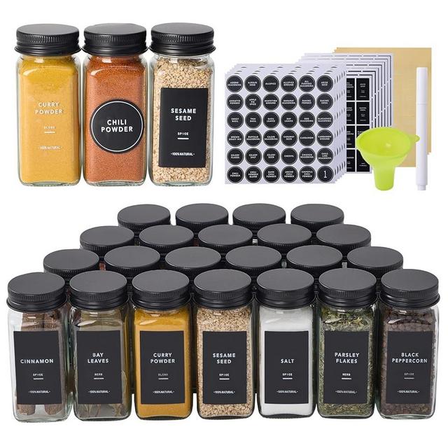 Fiwence 24 Glass Spice Jars with 576 Labels-Spice Jars with Black Metal Caps, 4oz Empty Square Spice Containers with Shaker Lids, Funnel, Chalk Pen, Seasoning Bottles for Spice Rack, Drawer, Cabinet